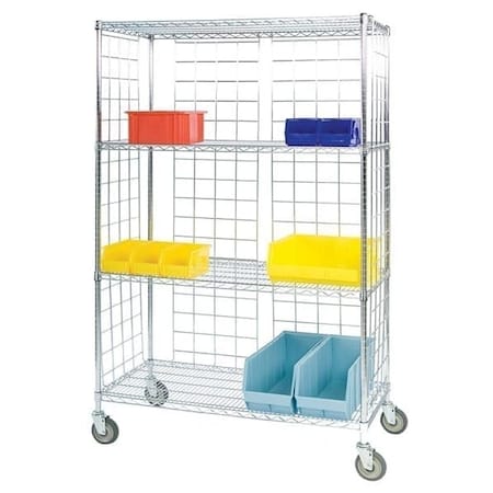 Round Post, Enclosed Wire Cart, (4) 18×36 Shelves, 63″ Posts